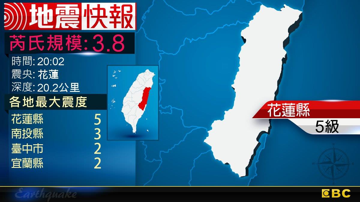 地牛晃動！20:02 花蓮發生規模3.8地震