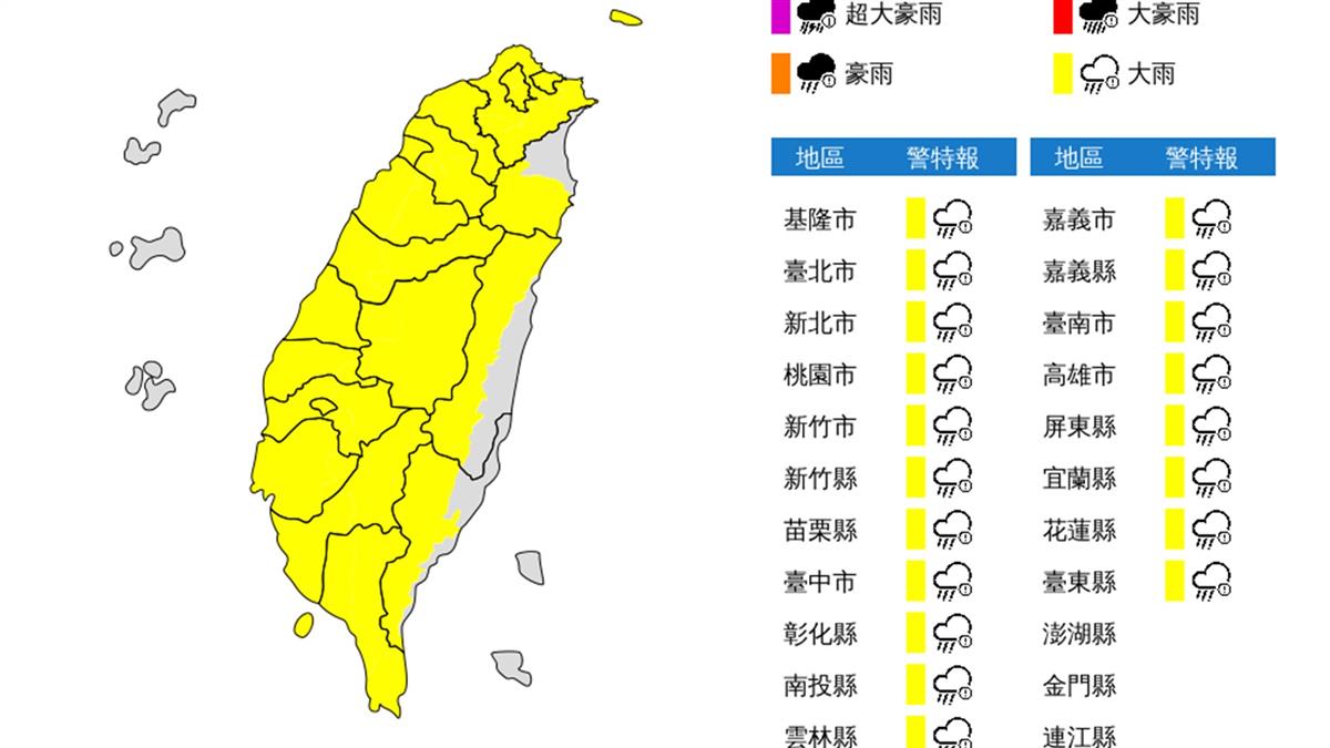 快訊／全台19縣市大雨特報來了！防雷擊強陣風