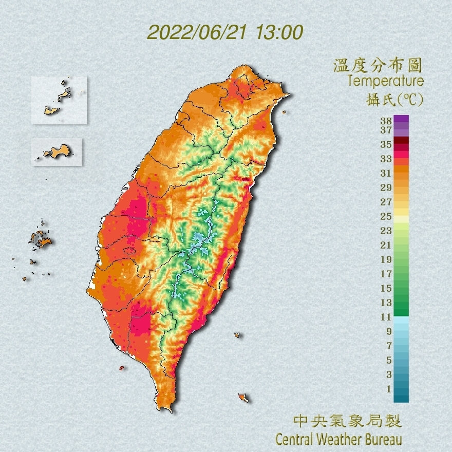 ▼今日全台氣溫都偏高。（圖／翻攝自中央氣象局）