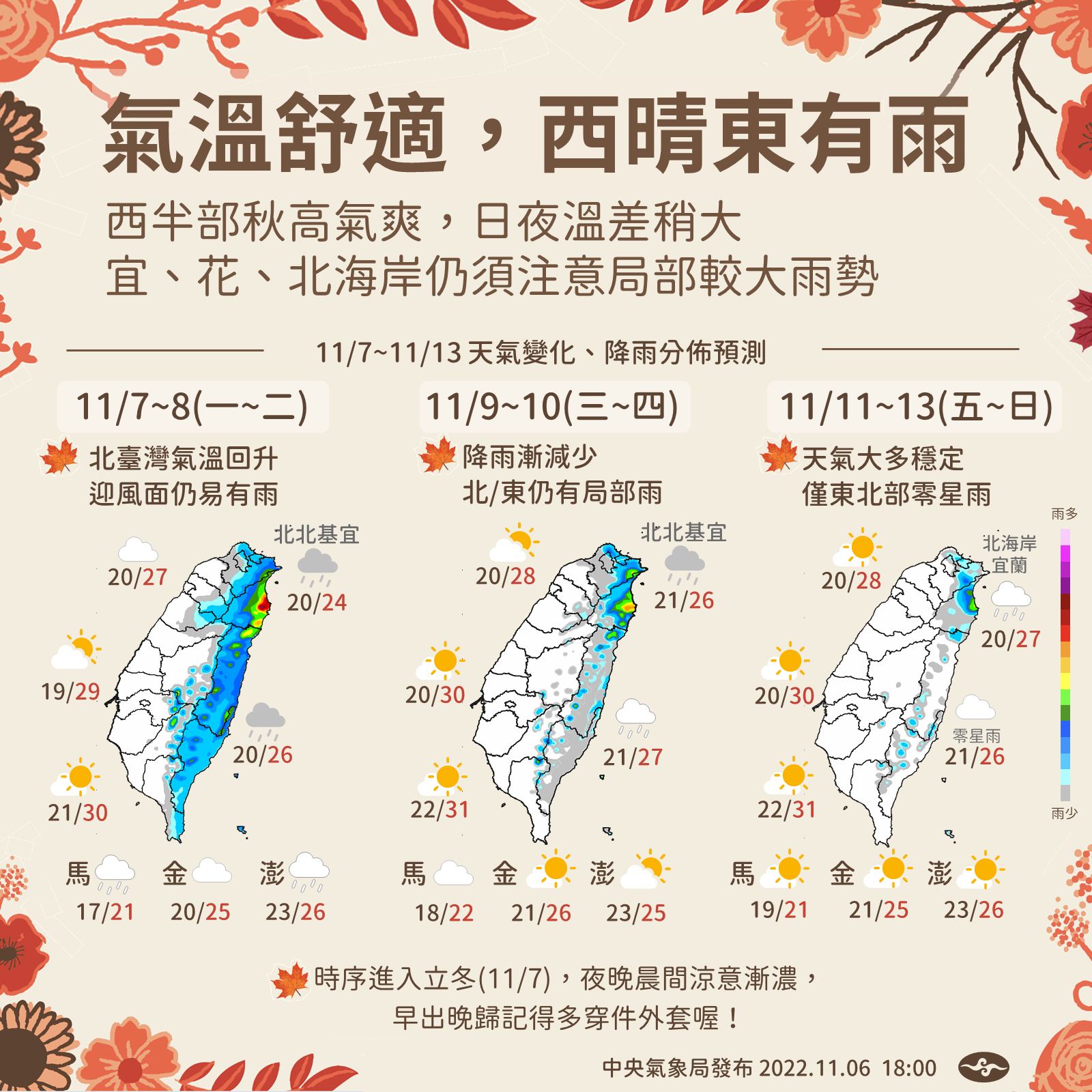 ▼11日至13日天氣穩定，僅東北部有行星雨。（圖／中央氣象局）
