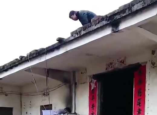 ▼一對兄弟為了要分家，竟爬到屋頂上開始鋸房子。（圖／翻攝自快看視頻）