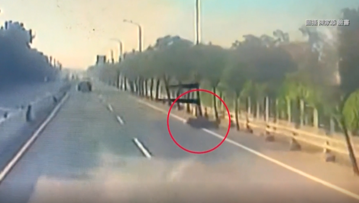 ▼司機看到有機車騎士倒地，連忙迴轉幫忙擋住後方來車。（圖／東森新聞）