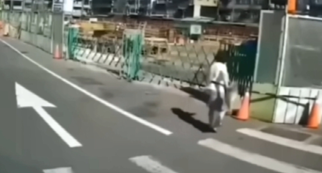 ▼婦人被小貨車嚇到後，一路踉蹌穩不才跌倒在地。（圖／東森新聞）