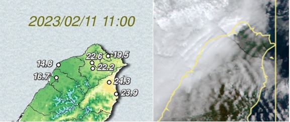 ▼西半部起霧低雲覆蓋，東半部高雲陽光可見，宜蘭跟新屋溫差達到10度。（圖／翻攝自天氣職人-吳聖宇臉書）