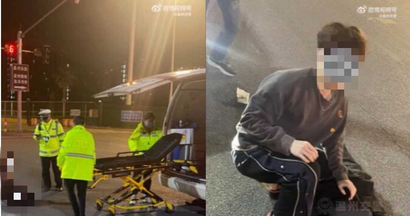▼監視器畫面中的男子因為搶黃燈在路口被汽車撞上。（圖／翻攝自溫州交警 微博／CTWANT）