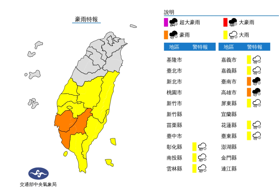 ▼10縣市發布豪、大雨特報。（圖／氣象局）