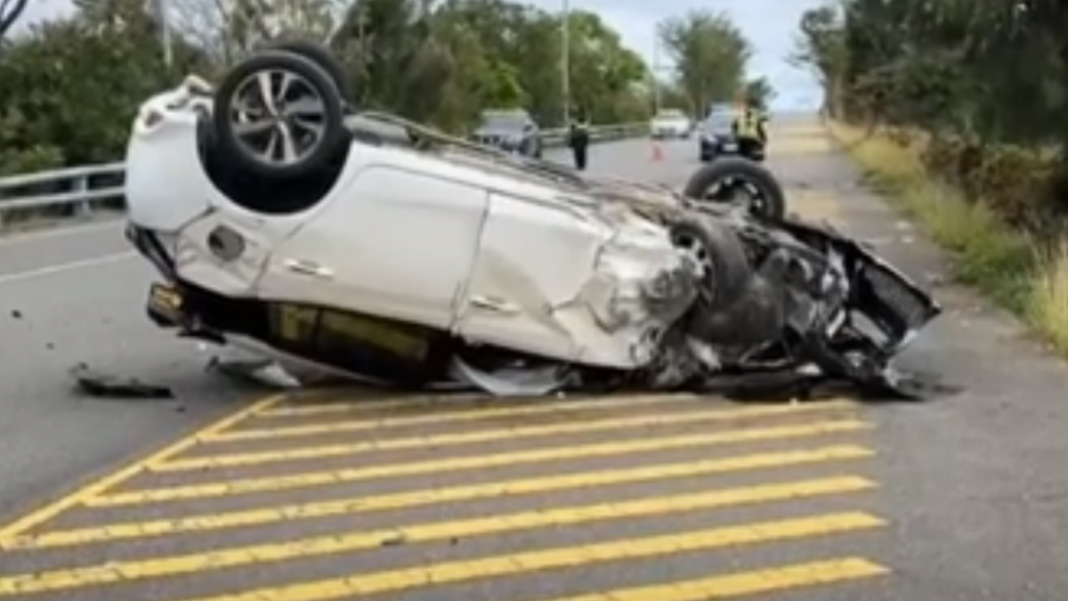 開車恍神！橋上自撞路樹翻車 車頭全變形