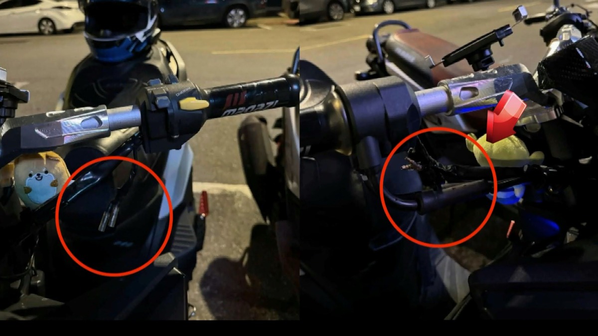 有男大生到北市寧夏夜市逛街，機車被小偷拿著油壓剪偷走後照鏡、煞車以及方向燈。（圖／東森新聞）