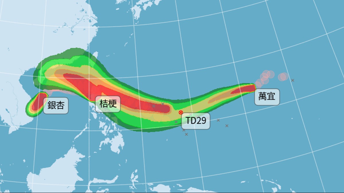熱帶性低氣壓TD29預估今晚生成為輕度颱風「天兔」。（圖／翻攝自中央氣象署）