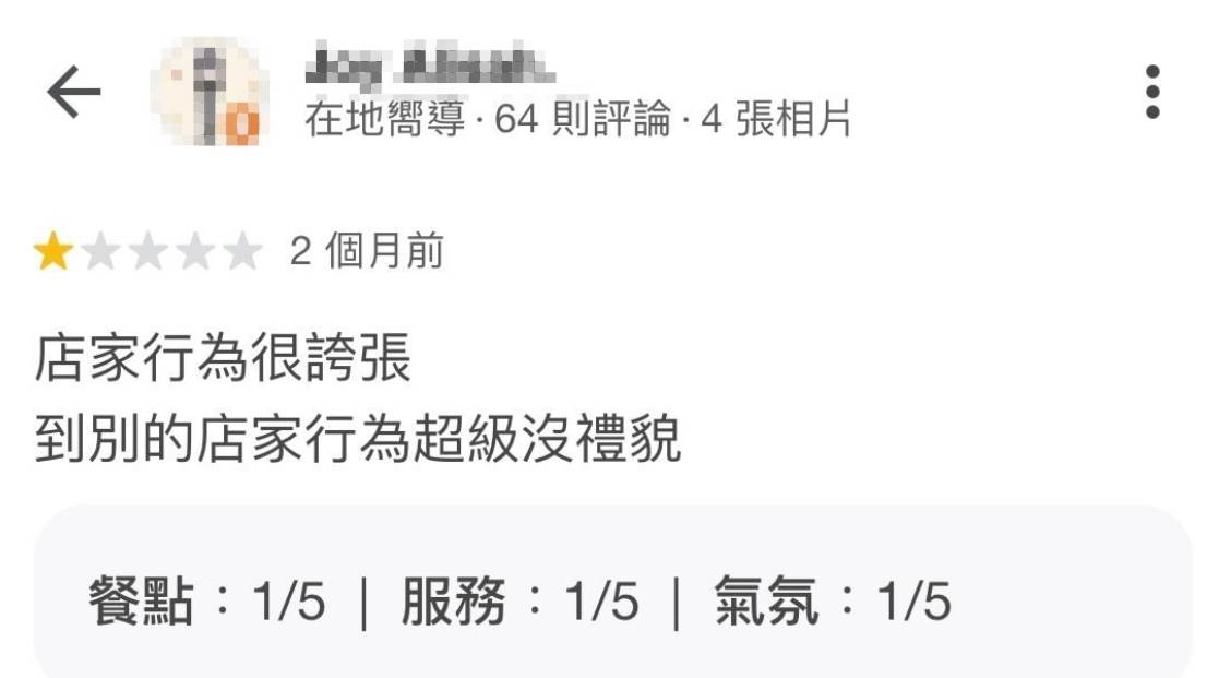 對方疑似在Google評論留下一顆星。（圖／@hanada_boss Threads授權提供）