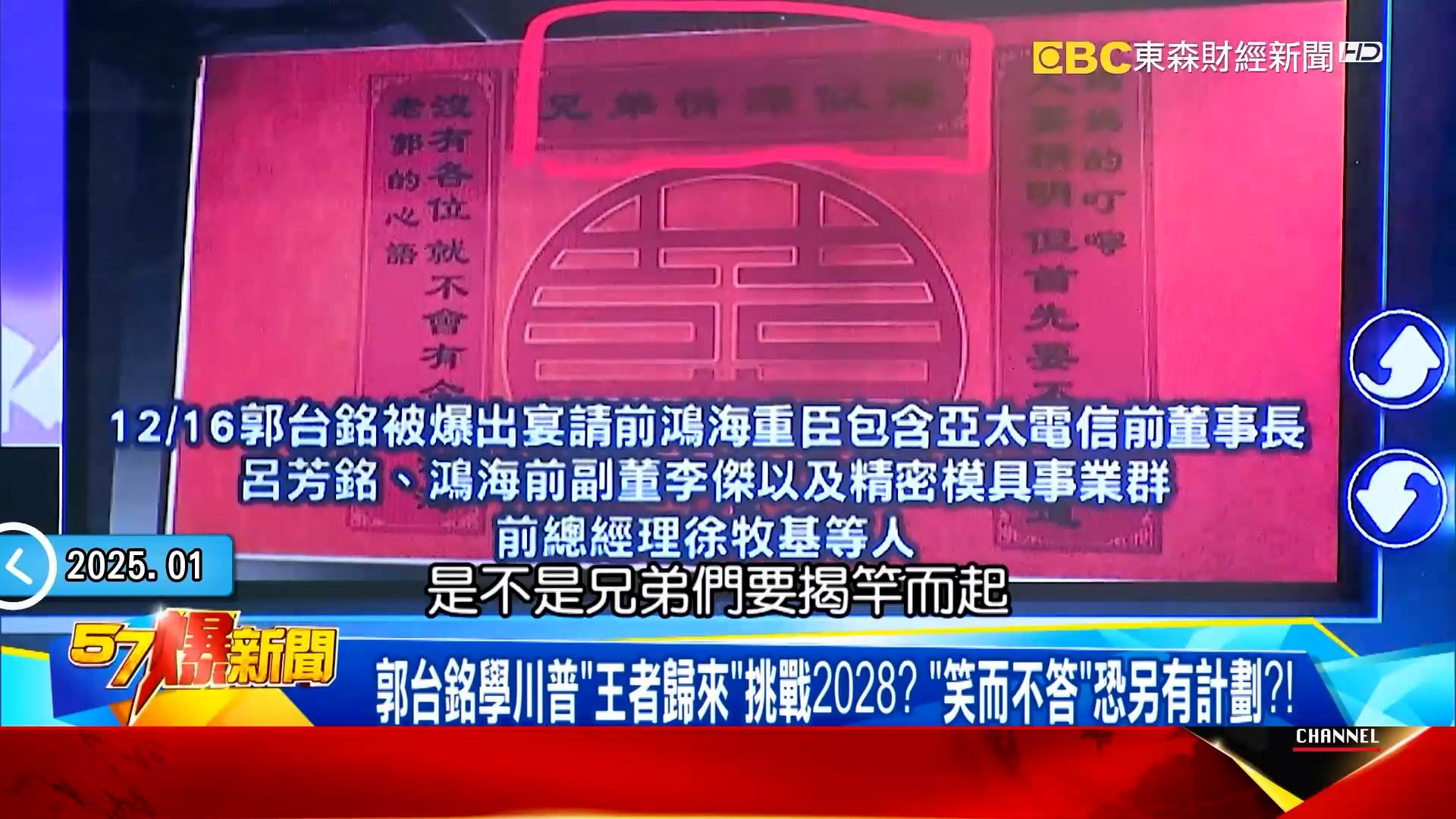 「兄弟情深似海」的橫批都讓外界猜測郭台銘可能重返商界。（圖／翻攝自57爆新聞）