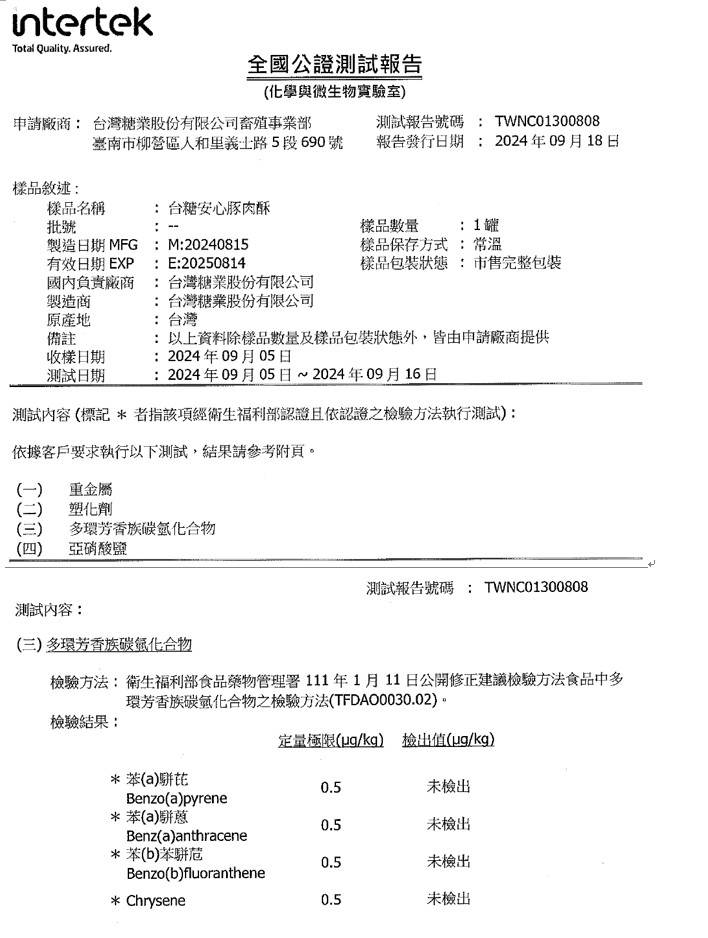 「台糖安心豚肉酥」檢驗報告零檢出。（圖／台糖提供）