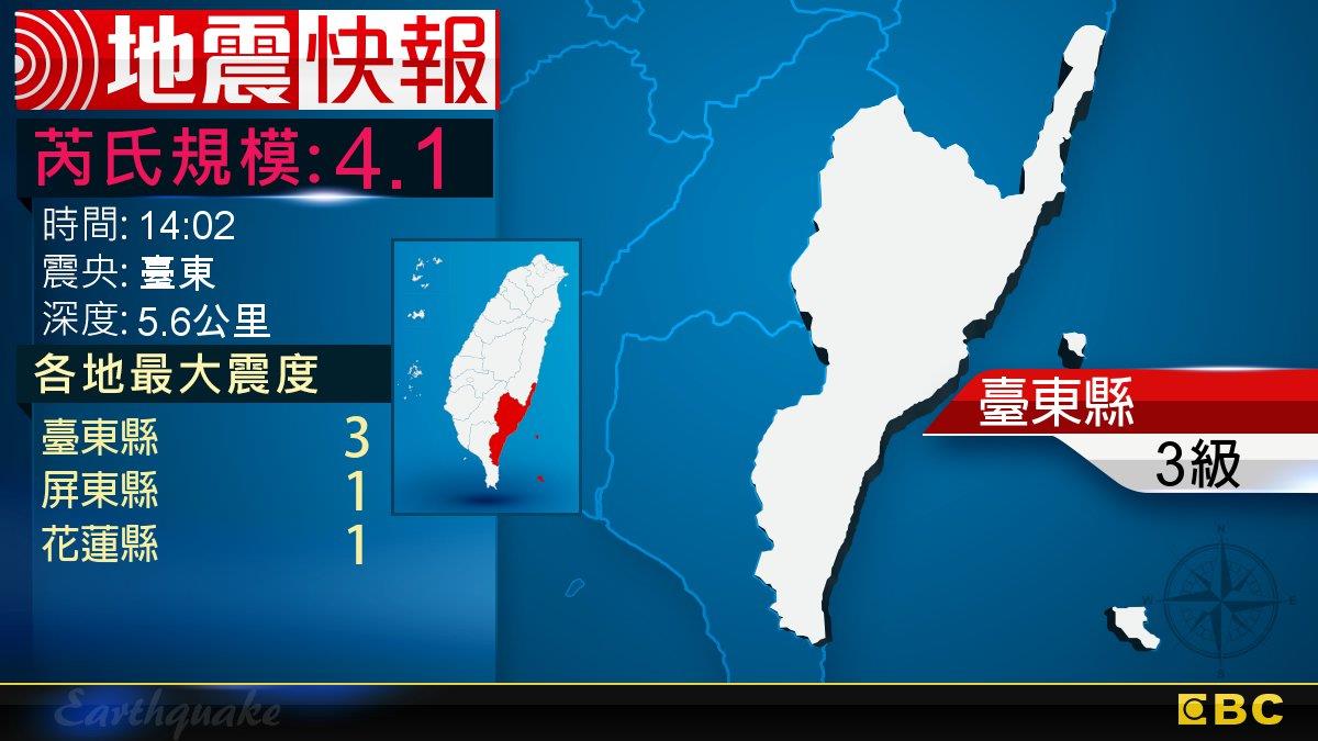 地牛翻身！14:02 臺東發生規模4.1地震
