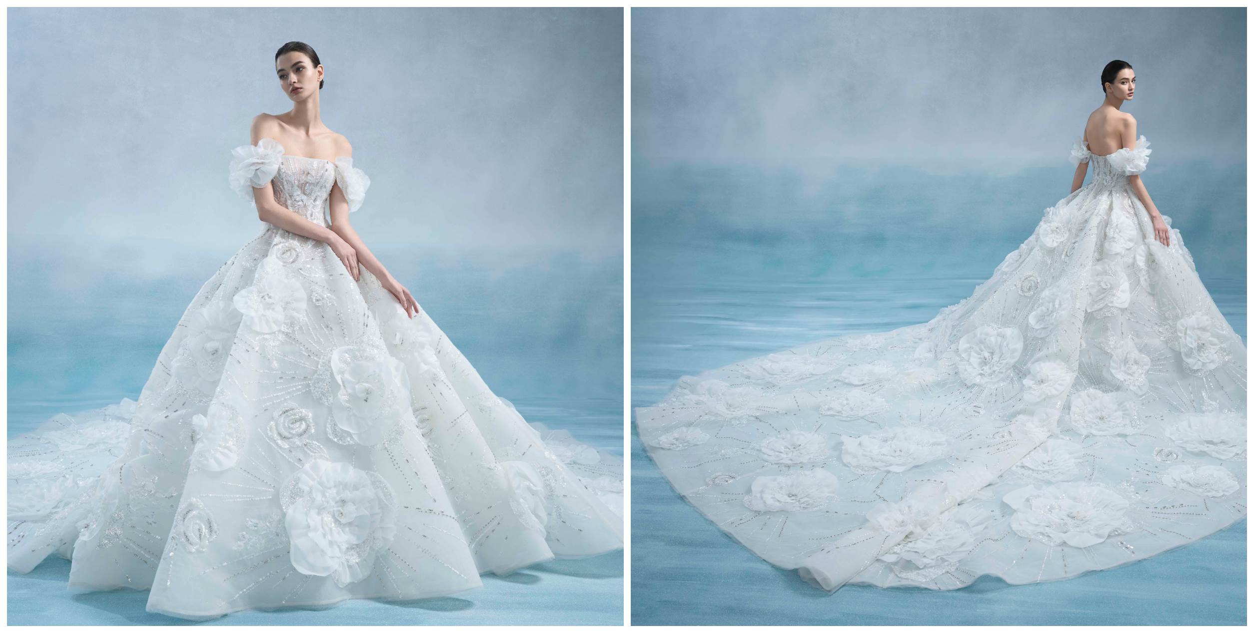 「浪花的低語」為夢幻經典系列中的最耗時、工藝最繁複的款式，整體細節以3種不同手法設計的手工花拼湊而成，講述浪漫堆砌而成的愛情。（LinLi Boutique提供）