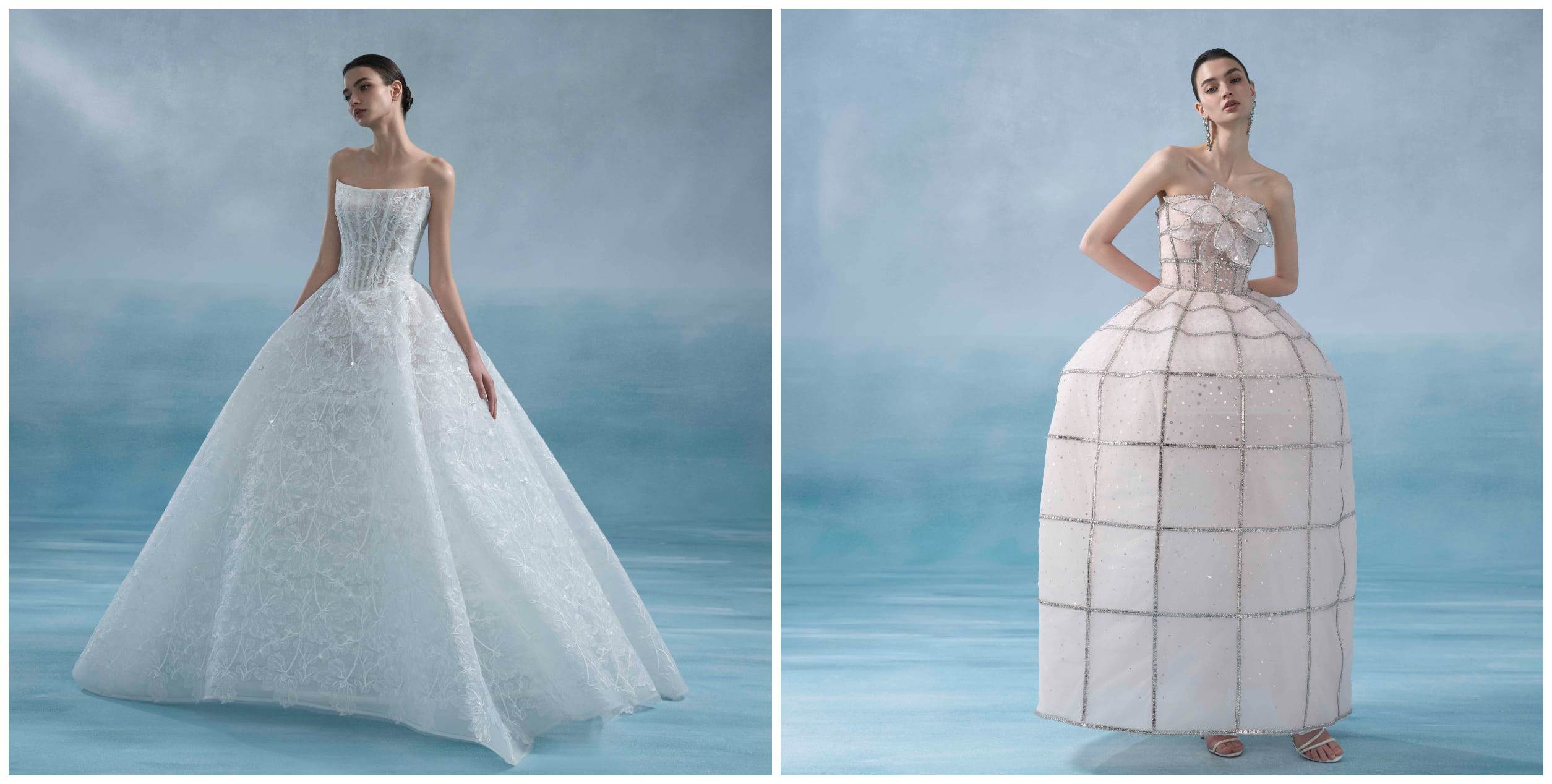 復古馬甲領型的「珊瑚霧花」（左）與鐘型裙型的「珍珠殼之夢」為海底花園系列的新裙型，可穿出個人特色。（LinLi Boutique提供）