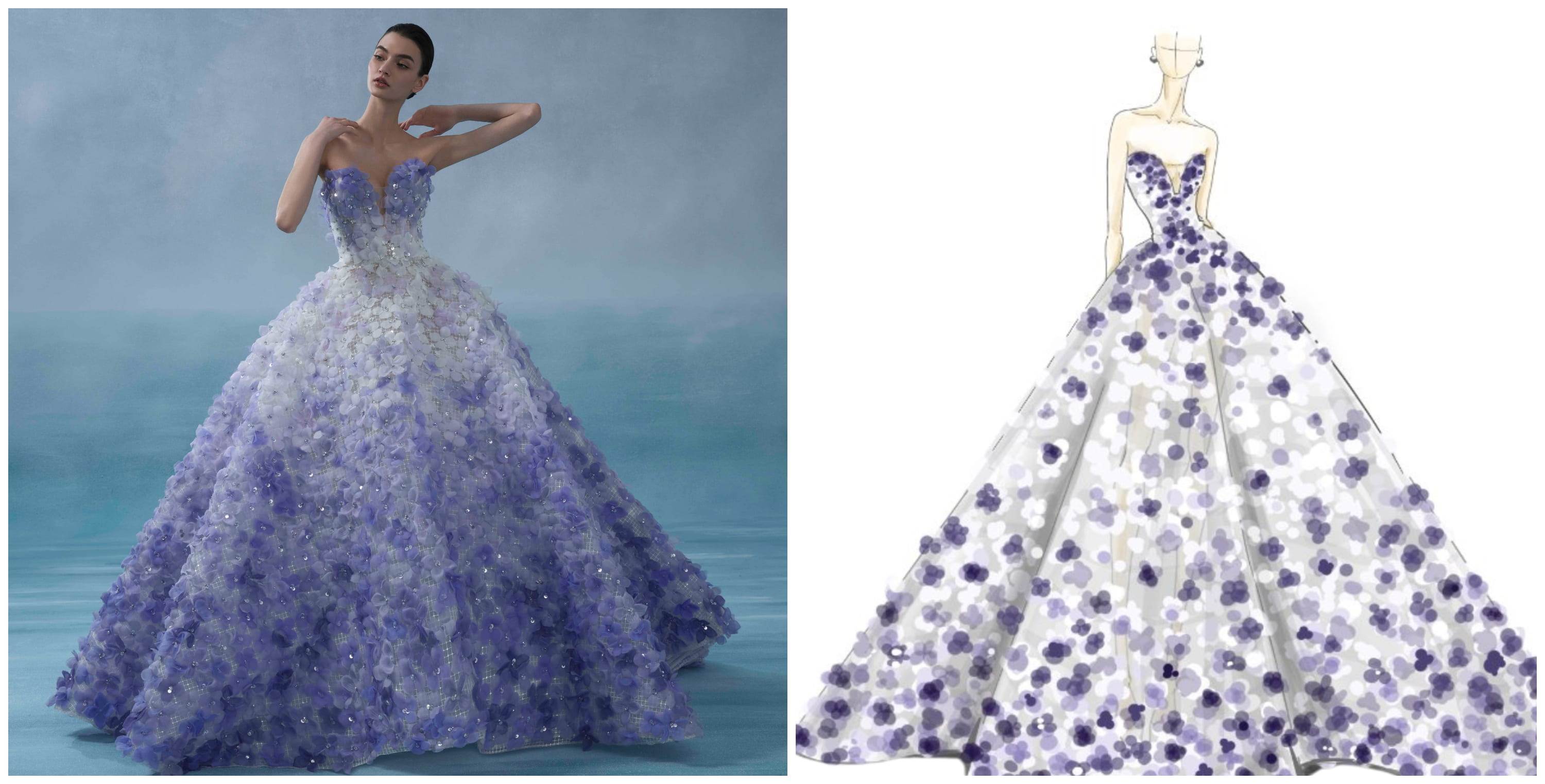 「紫境花園」以5、6百朵的立體手工花縫製而成，象徵陽光照射下的海底奇幻景象，從設計手稿（右）可看出紫色漸層閃耀光芒。（LinLi Boutique提供）