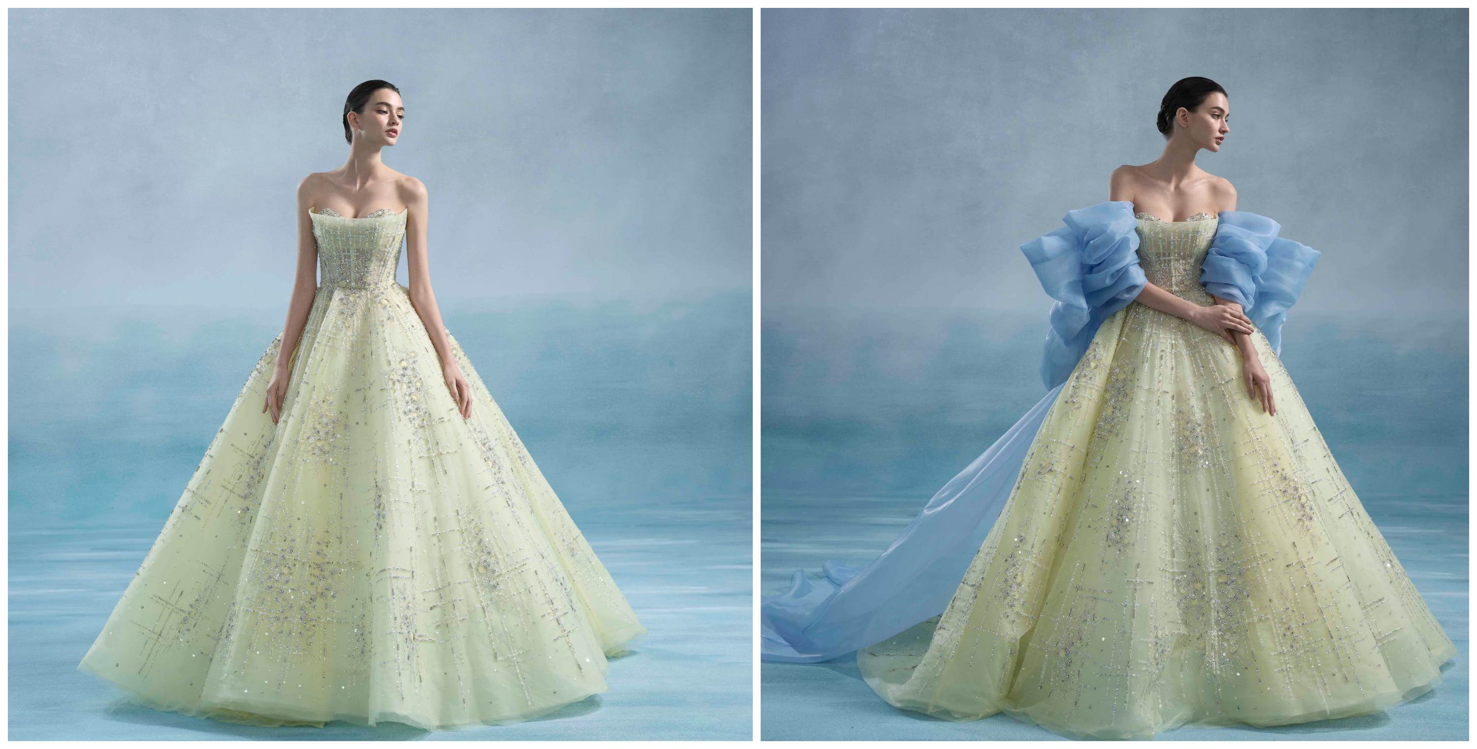 黃與藍撞色的「晨光之舞」，除了色調活潑也示範一衣多穿的可能性，更是視覺焦點。（LinLi Boutique提供）