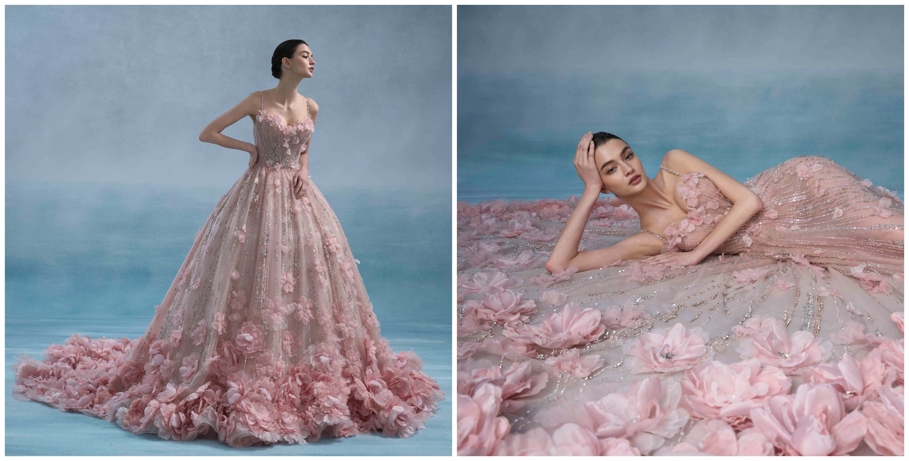 以海底珊瑚粉色為基調「海薔薇」利用4百多朵的手工立體花，整件作品就像是移動的花海，為本季最耗工時及人力的大作。（LinLi Boutique提供）