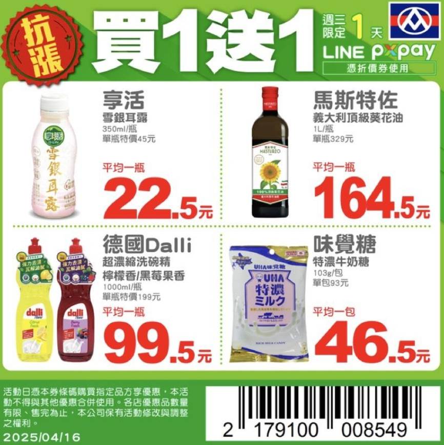 原價299元的Dalli洗碗精，16日特價每瓶199元，買一送一平均一瓶只要99.5元。（圖／翻攝自LINE）