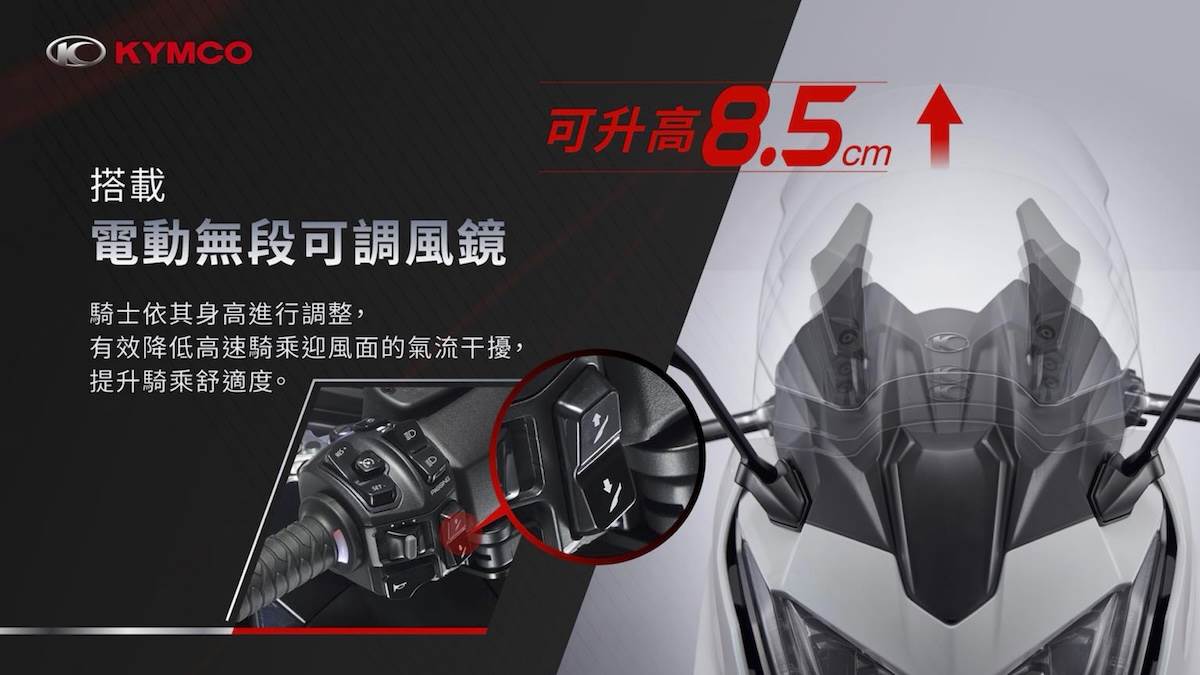電動無段可調風鏡有8.5公分的調整高度。（圖／光陽提供）