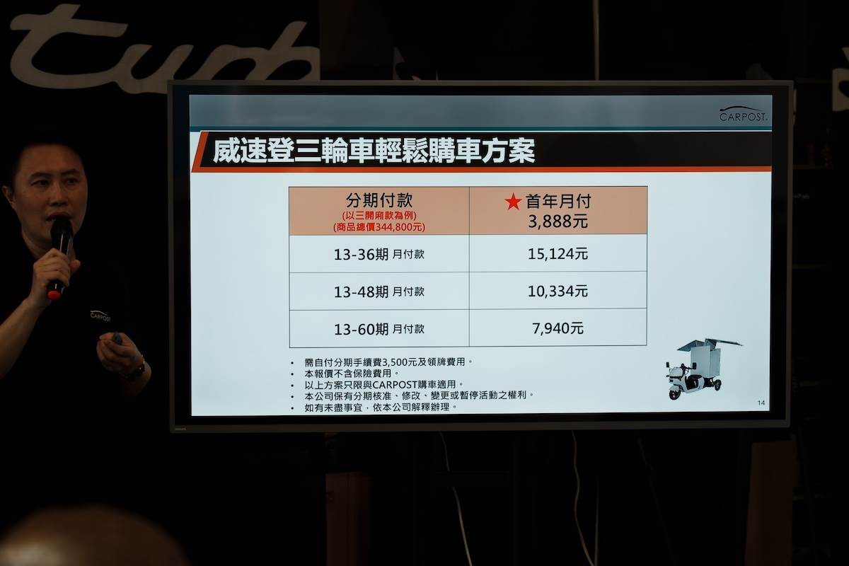 CARPOST針對威速登電動三輪車的購買方案。（圖／林昱丞攝影）