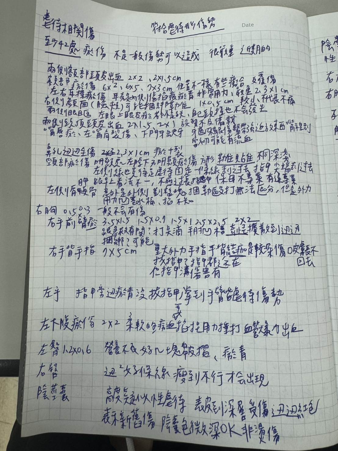 《東森新聞》記者聽庭筆記，剴剴傷勢寫滿四大頁。東森新聞