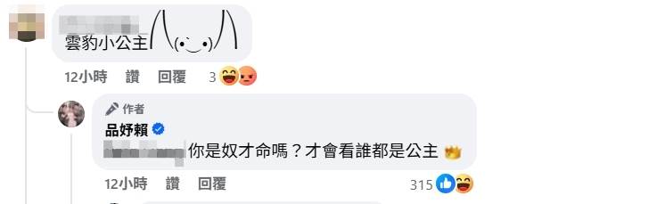 其中一名網友留言「雲豹小公主」。（圖／翻攝自賴品妤臉書）