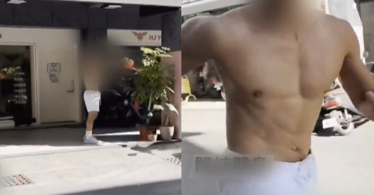 台南有騎士經過一間健身房，突然有一名身材結實的教練狂奔追上來，要招攬會員。（圖／翻攝自社會事新聞影音）