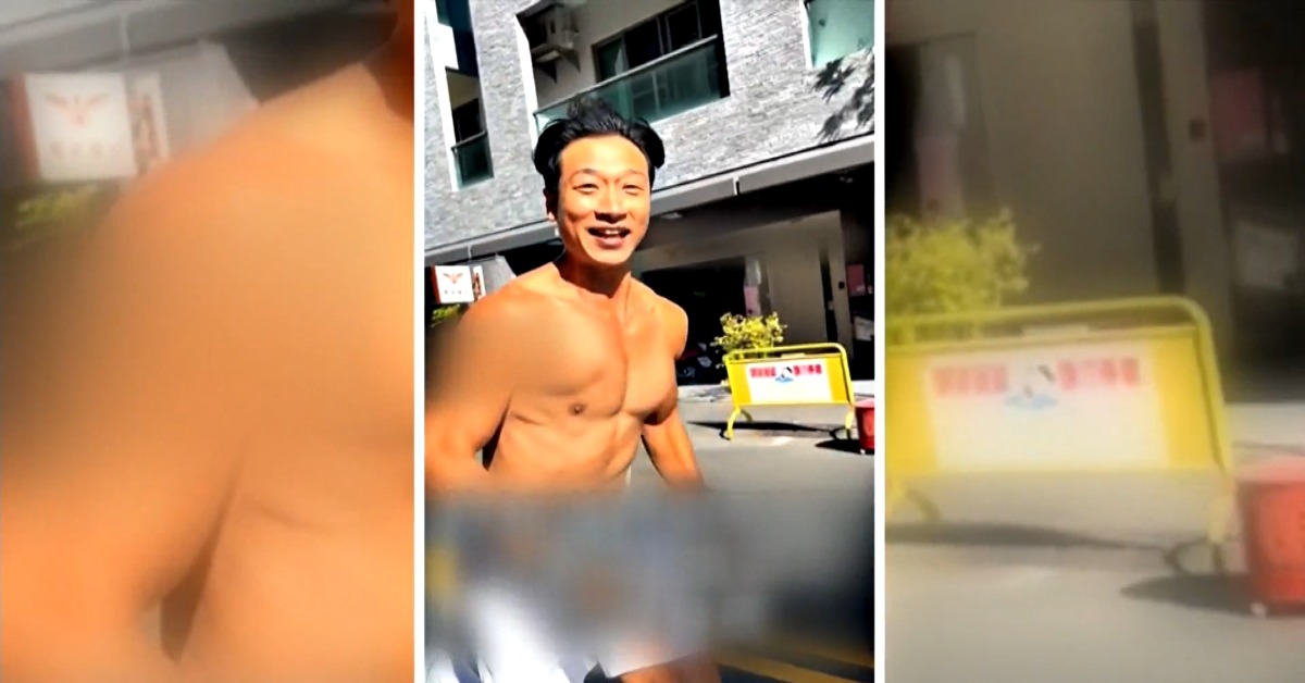 網路上流傳一段影片，肌肉猛男裸上半身在馬路上狂追車，嘴裡不斷推銷健身房課程。（圖／翻攝自社會事新聞影音）