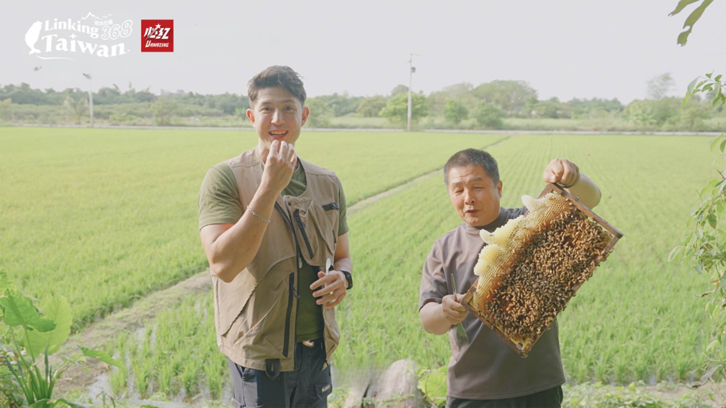 老闆介紹養蜂箱,邊介紹邊給舞陽試吃,每一罐蜂蜜,都是一場自然的風味實驗!(圖/《恁去台灣》提供)