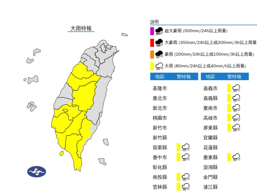 氣象署指出，今日苗栗、台中、南投、嘉義以南地區及雲林、台東山區有局部大雨發生的機率。（圖／氣象署）