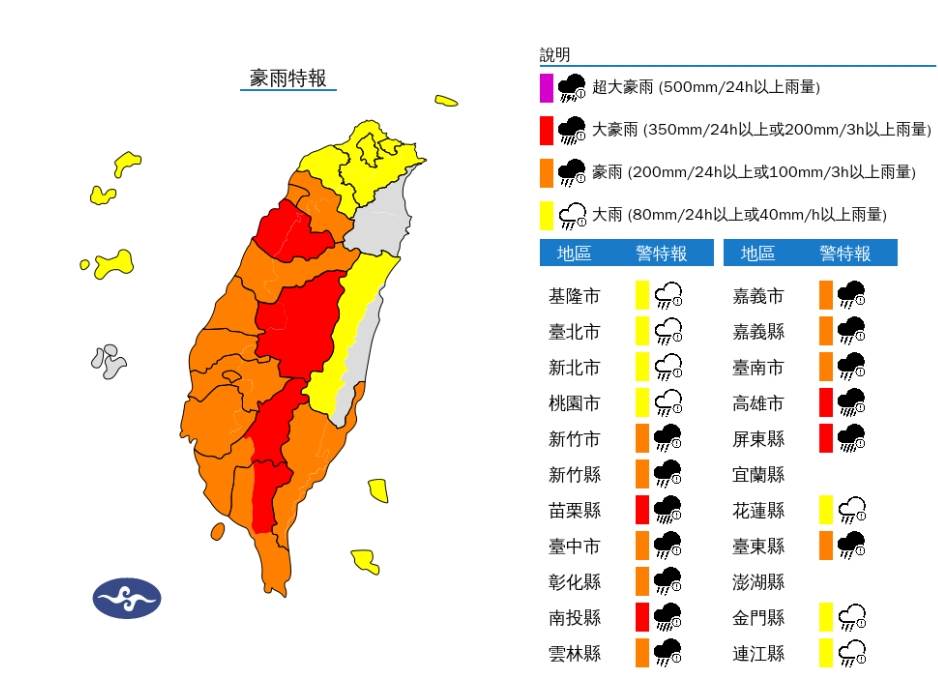 20縣市發布大豪雨、豪雨、大雨特報。（圖／氣象署）