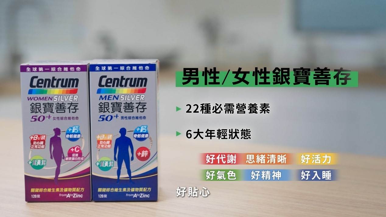 吳怡霈推薦銀寶善存50+,專為中高齡設計,內含「22種必需營養素」,一錠搞定「6大年輕狀態++」,並區分男女配方,讓爸媽出門超元氣!(圖/Haleon提供)