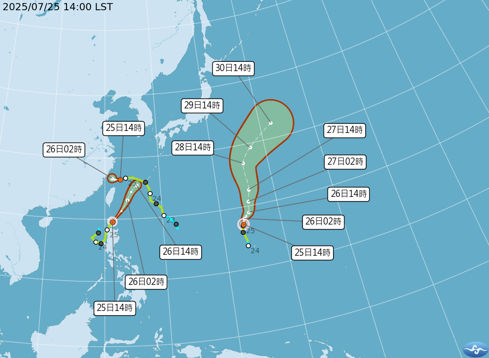 太平洋地區還有2個颱風，分別是竹節草、柯羅莎。（圖／氣象署）