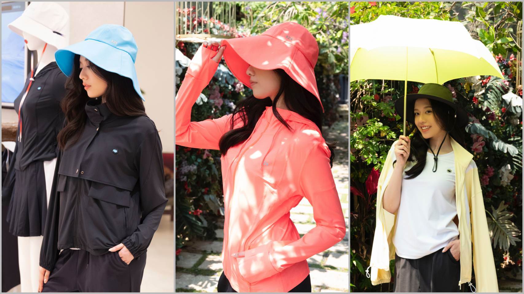 多樣風格演繹HOII后益防曬單品，搭配高係數防曬帽與輕量機能外套，將防曬實用性與穿搭美感完美結合。（圖／HOII后益提供）