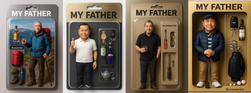 網友依照爸爸興趣打造不同造型，從登山客、茶道職人到水電工爸爸。（圖／Threads網友提供）