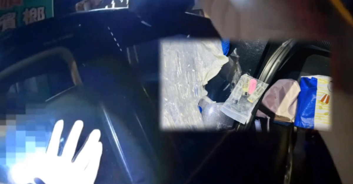 涉案的44歲黃姓駕駛身上除了有毒品一包FM2、4顆喪屍煙彈，還有2包海洛因殘渣袋和玻璃球。（圖／東森新聞）