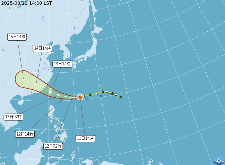 楊柳颱風今（11）日下午2時以每小時23公里速度，向西進行。（圖／氣象署）
