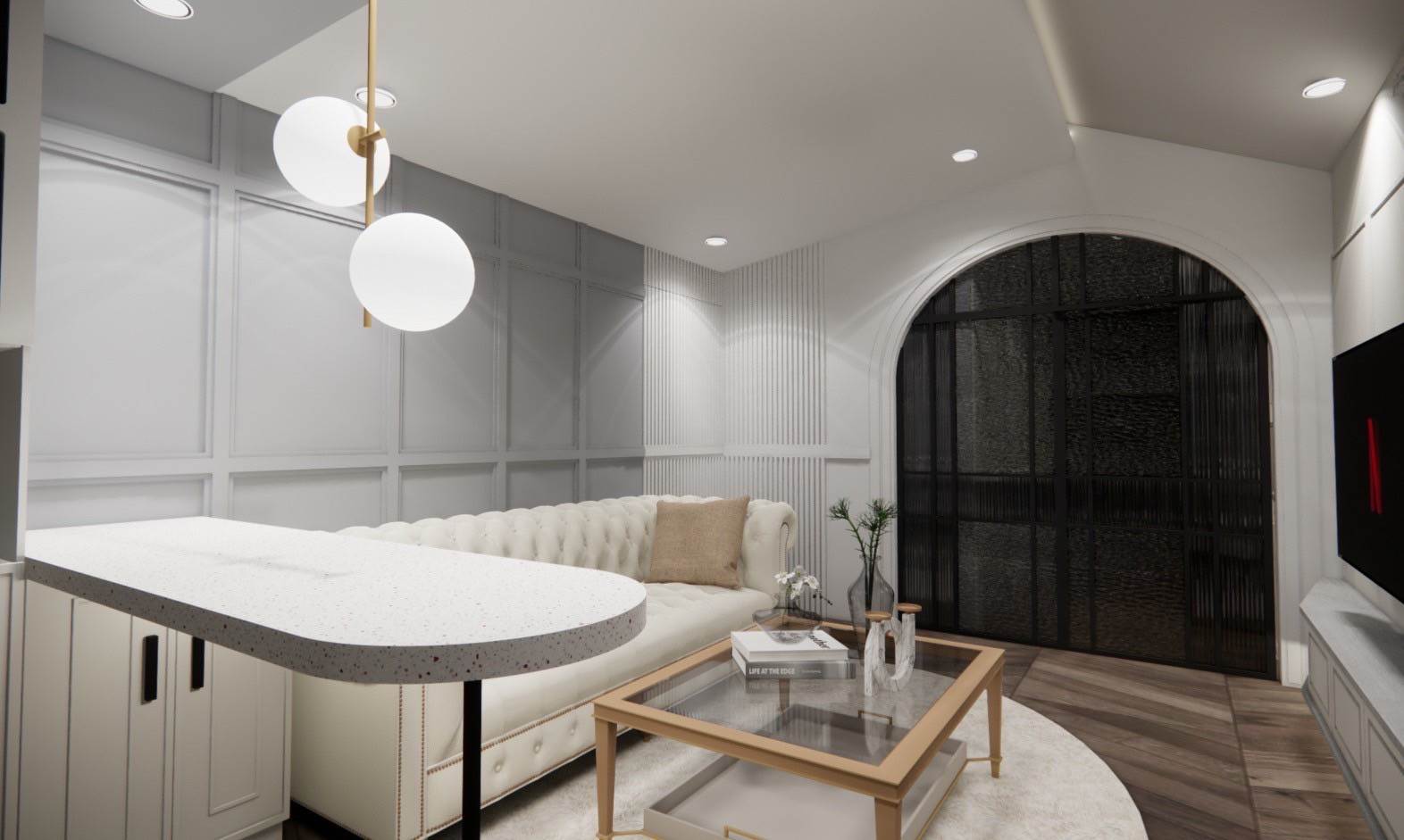 米白與灰階交織，搭配拱形黑框玻璃門，典雅又具現代感的生活場景。