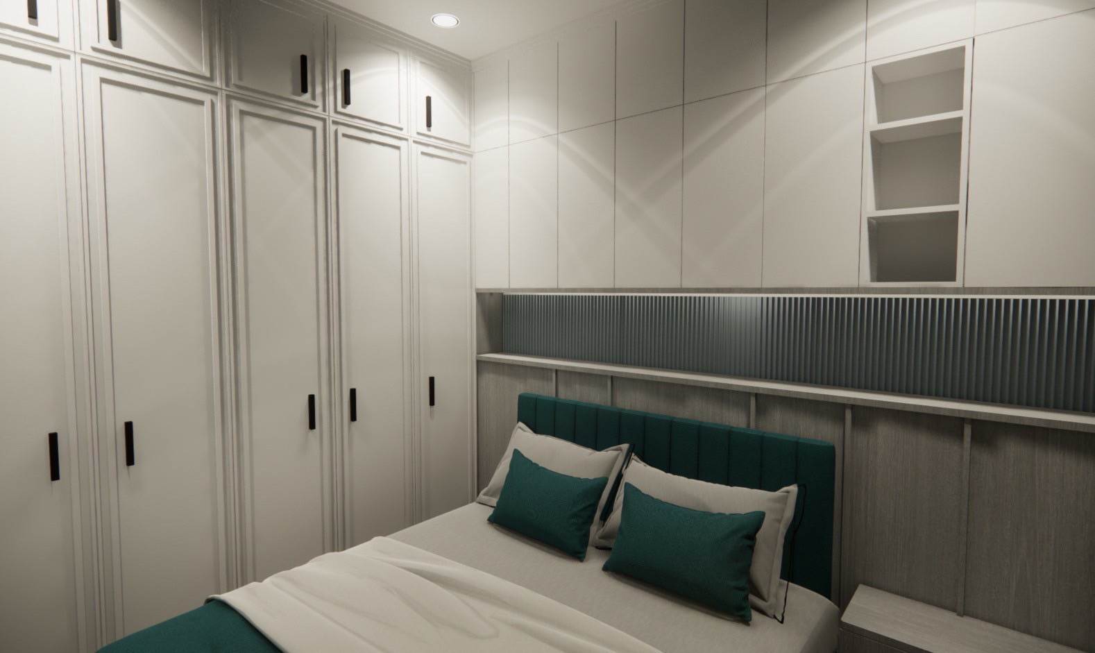 整面收納櫃結合層次線條，塑造寧靜沉穩的休憩氛圍。