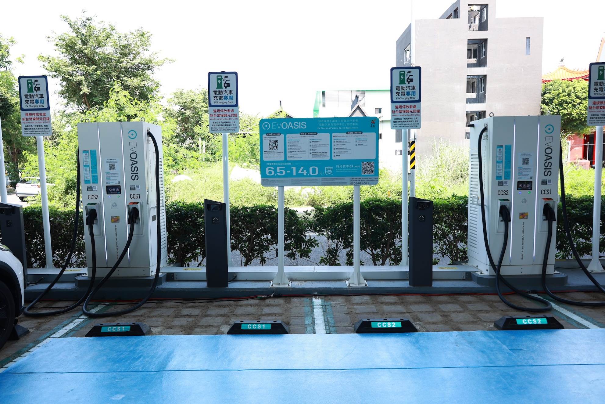 這次與台南市府合作的規劃，會在台南設置7處快充站與22支充電槍，預計於2025年底完工。（圖／EVOASIS提供）