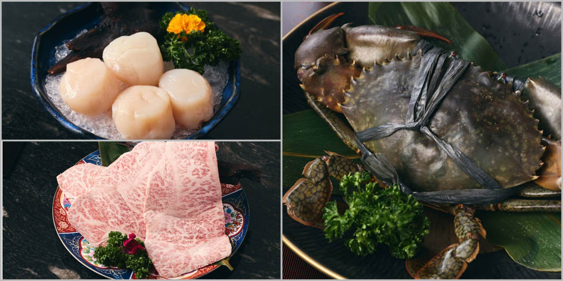 生食級北海道干貝、油花分布細緻的和牛肉片，以及肥美沙公蟹，三大主角一次到齊 。（圖／業者提供）