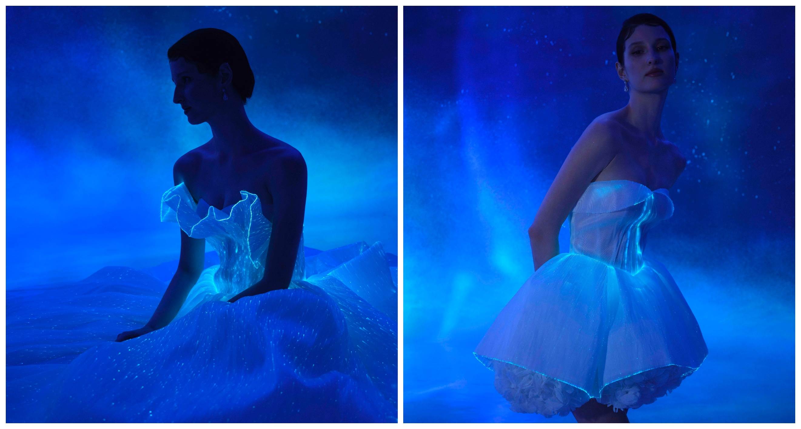 1-2圖說:「Luminara|光羽」(左)與「Aurora|光羽舞」是LinLi Boutique 2026高級訂製「Aura Dream 光夢」全新系列中,創新使用發光纖維2套實現自體發光的禮服。(LinLi Boutique提供)