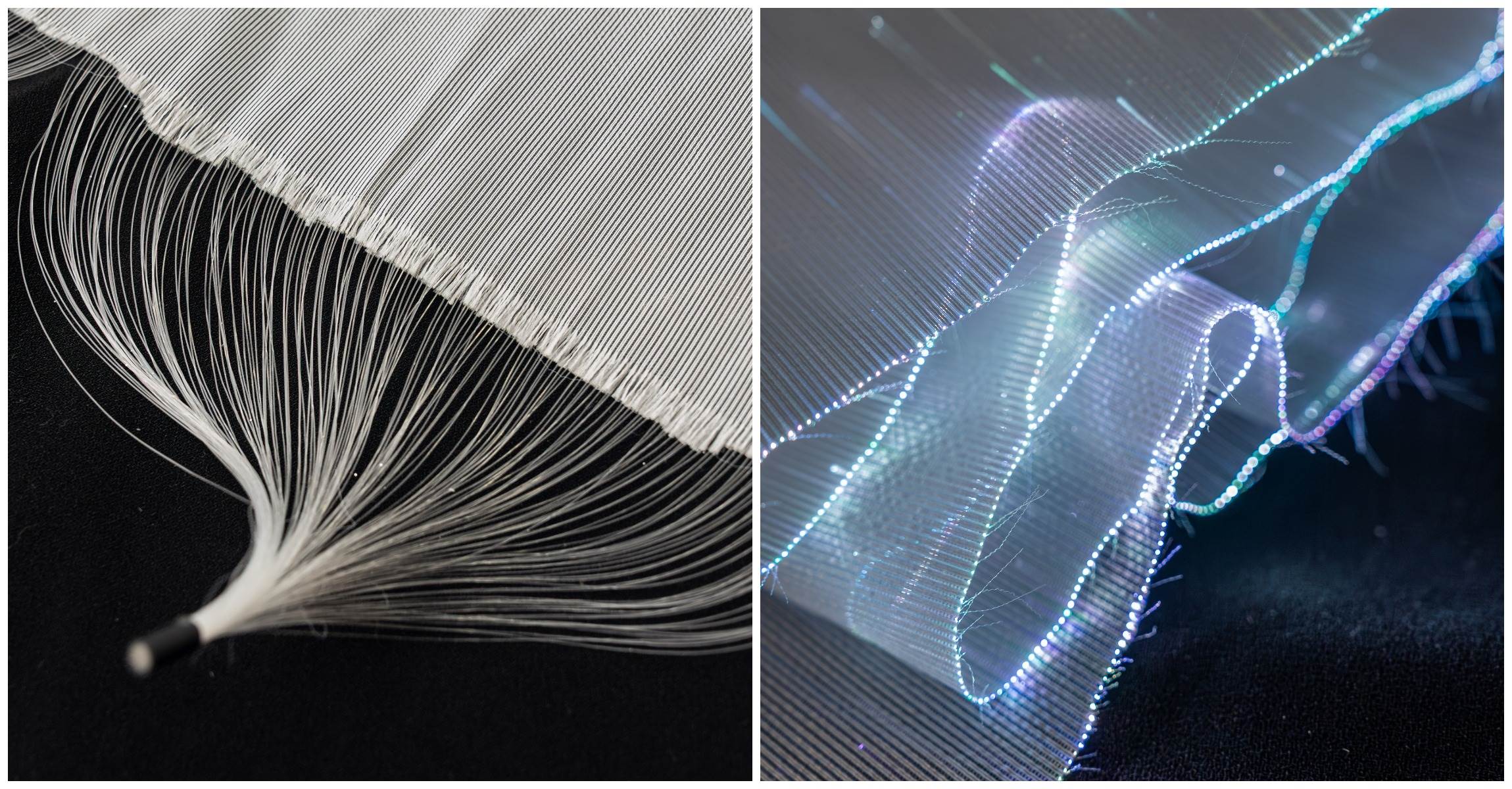 2圖說:光纖導管體與聚酯纖維交織,通電後發出絢麗的光影,賦予禮服更多的幸福浪漫想像。(LinLi Boutique提供)