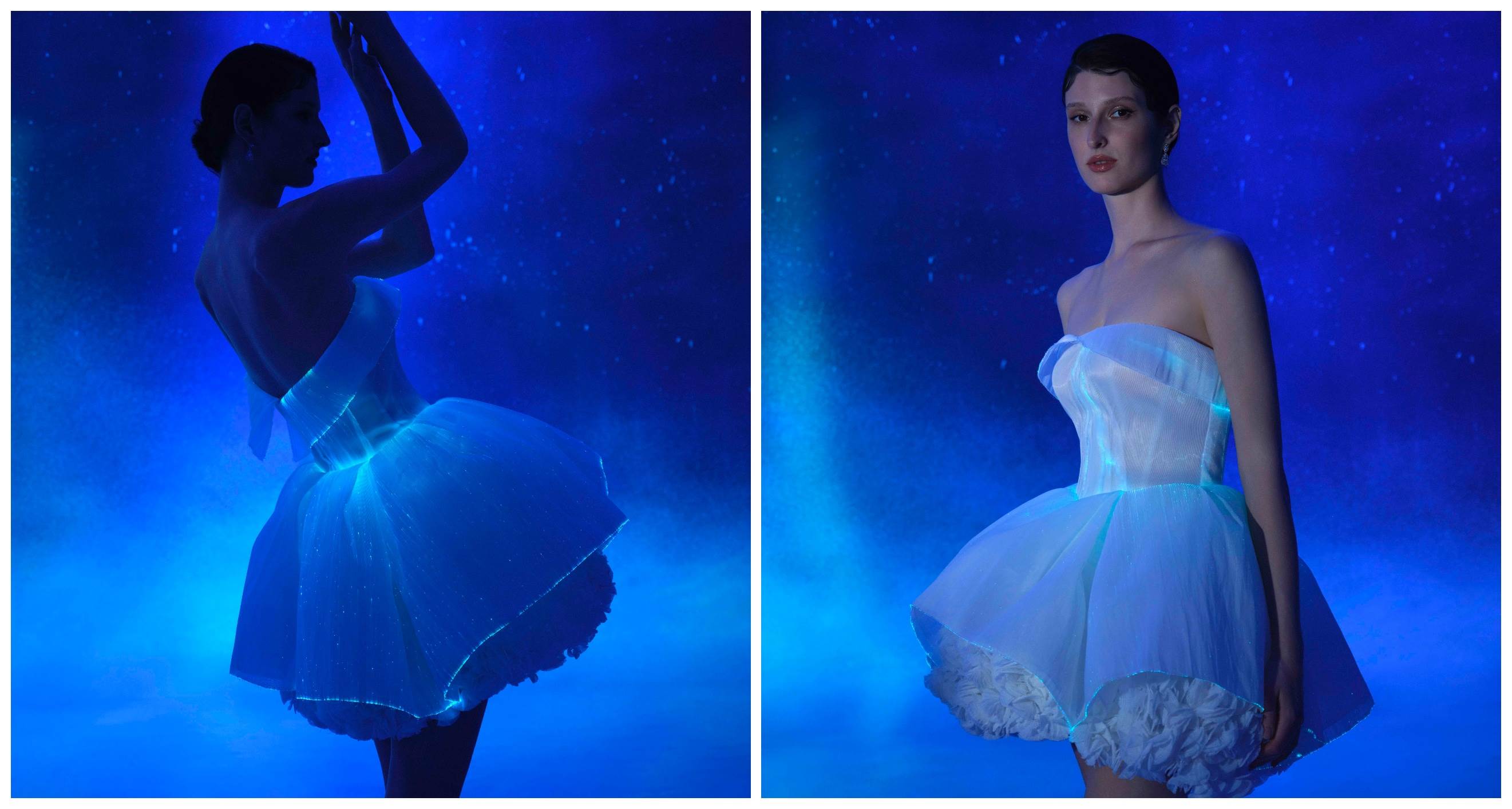 4圖說:「Aurora|光羽舞」裡使用短款公主澎裙,俏麗又摩登行進間猶如夜間發光的盛開花朵。(LinLi Boutique提供)