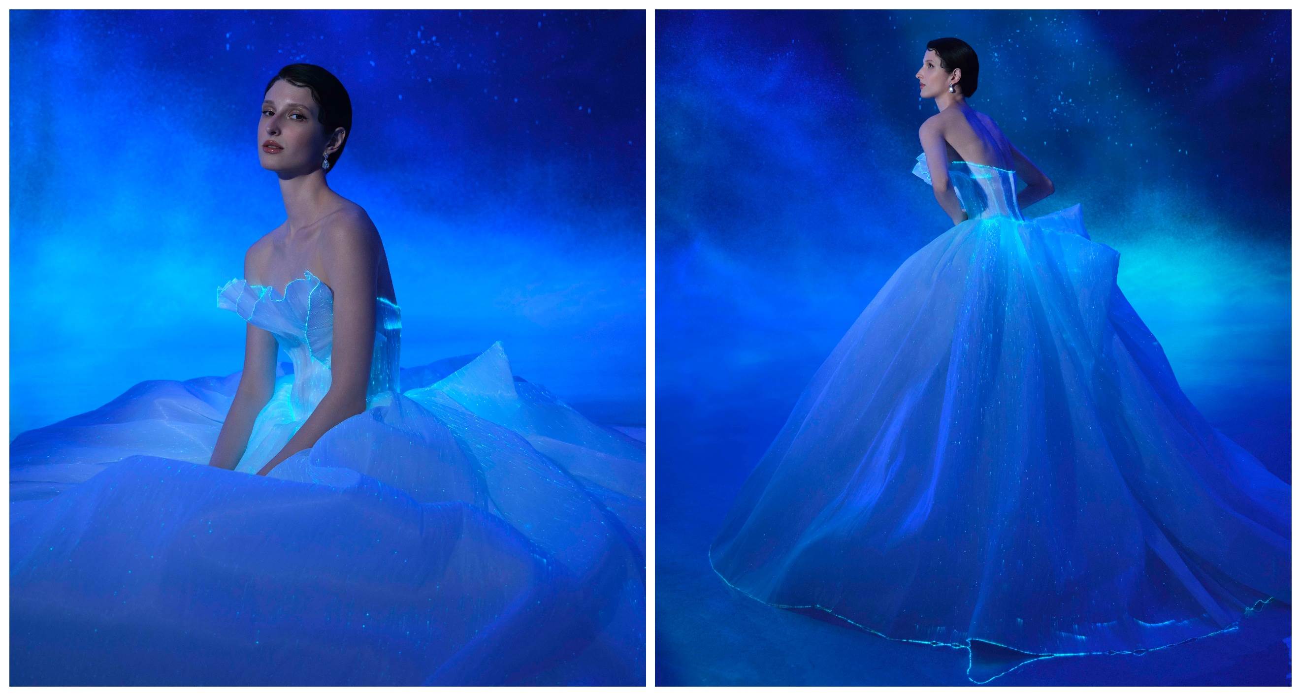 3圖說:摩登靜奢系列的「Luminara|光羽」荷葉邊領口散發極光般優美線條,與下襬發光的設計相互呼應。(LinLi Boutique提供)