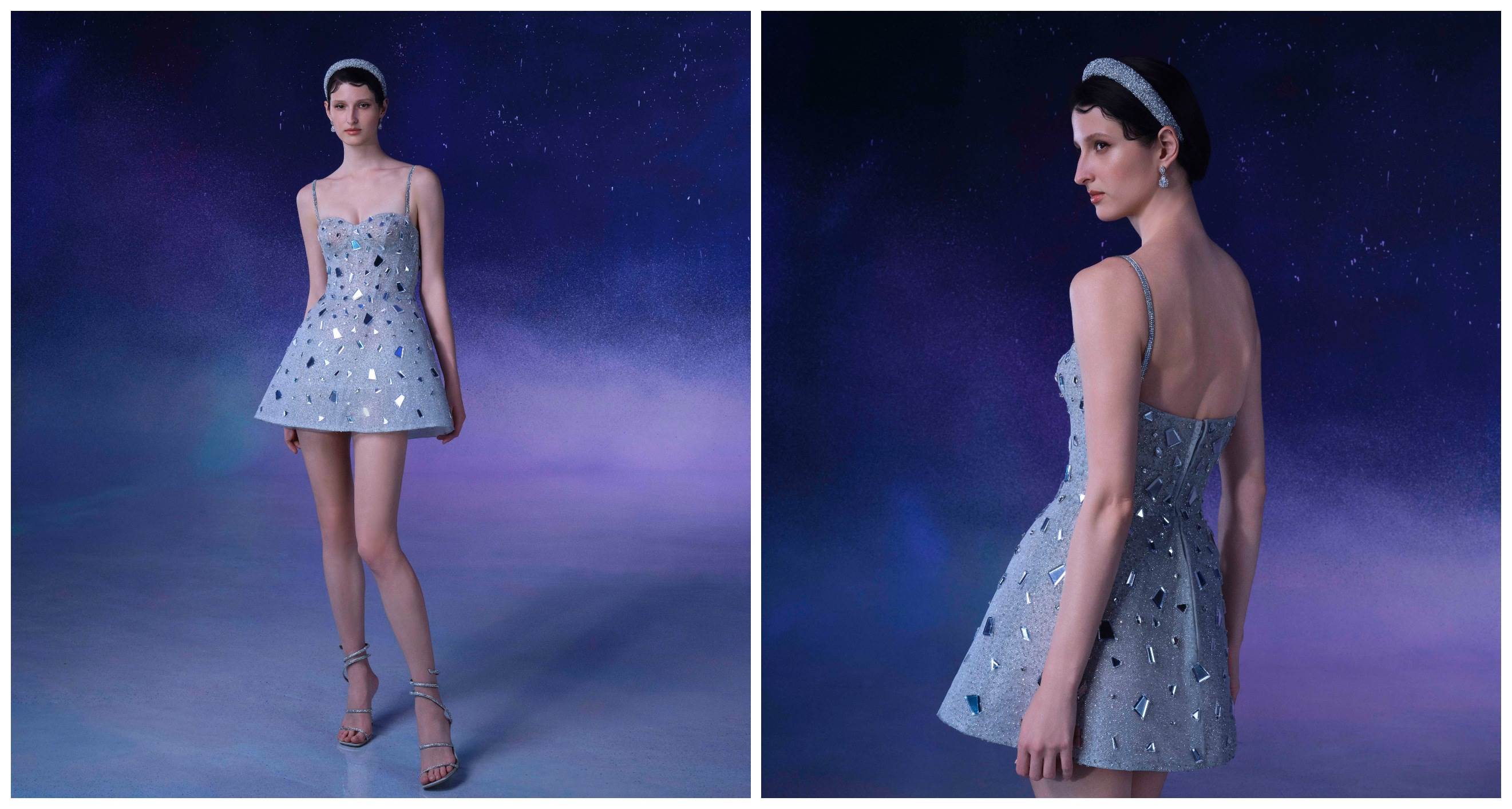 5圖說:短鐘型禮服「Mirage|幻光」不規則大鏡面壓克力與60年代髮箍,輕盈亮麗又帶復古優雅風格。(LinLi Boutique提供)