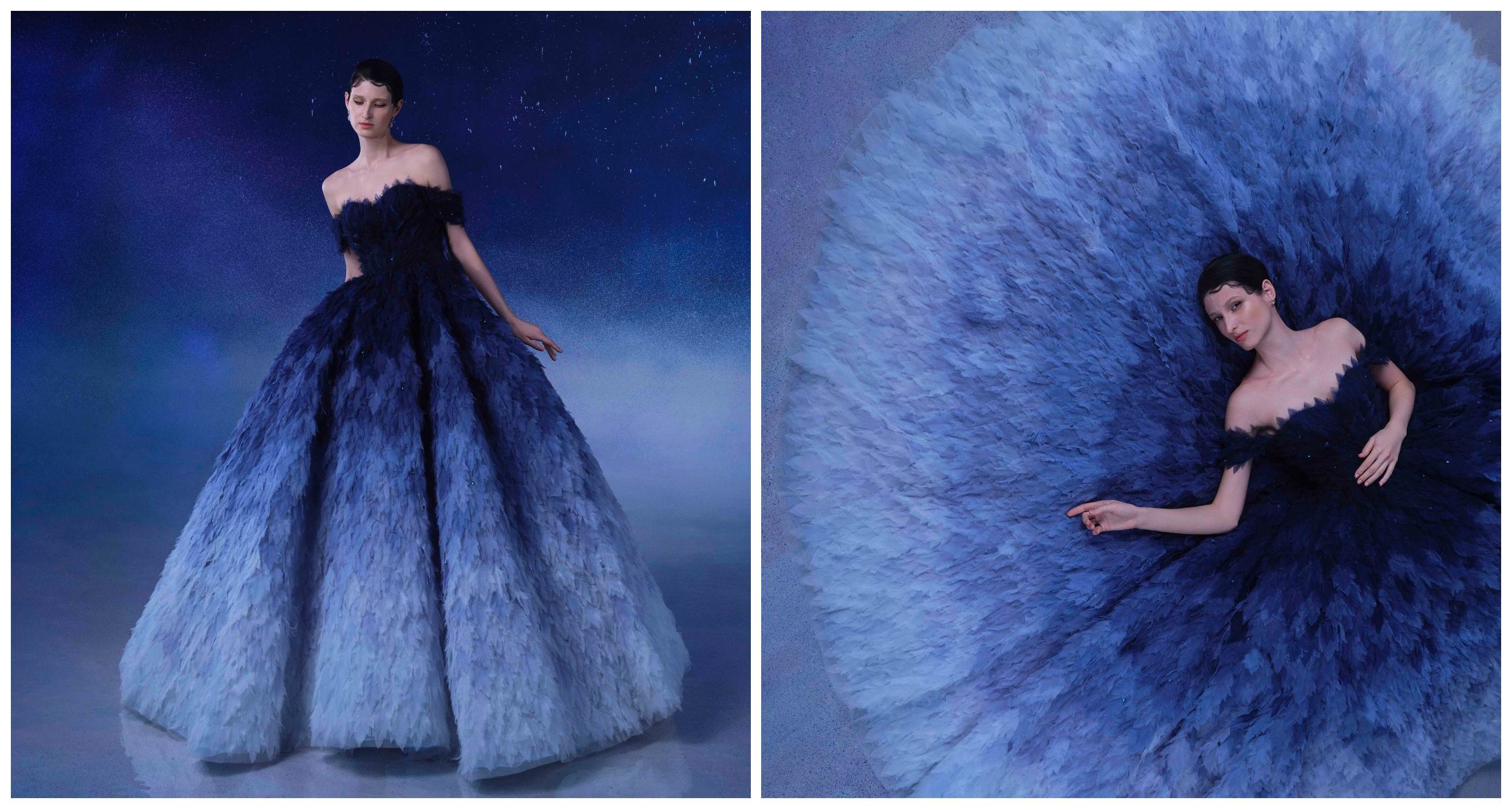 7圖說:「Midnight Cascade|午夜瀑光」禮服以8種深淺不一的色調堆砌閃耀星空。(LinLi Boutique提供)