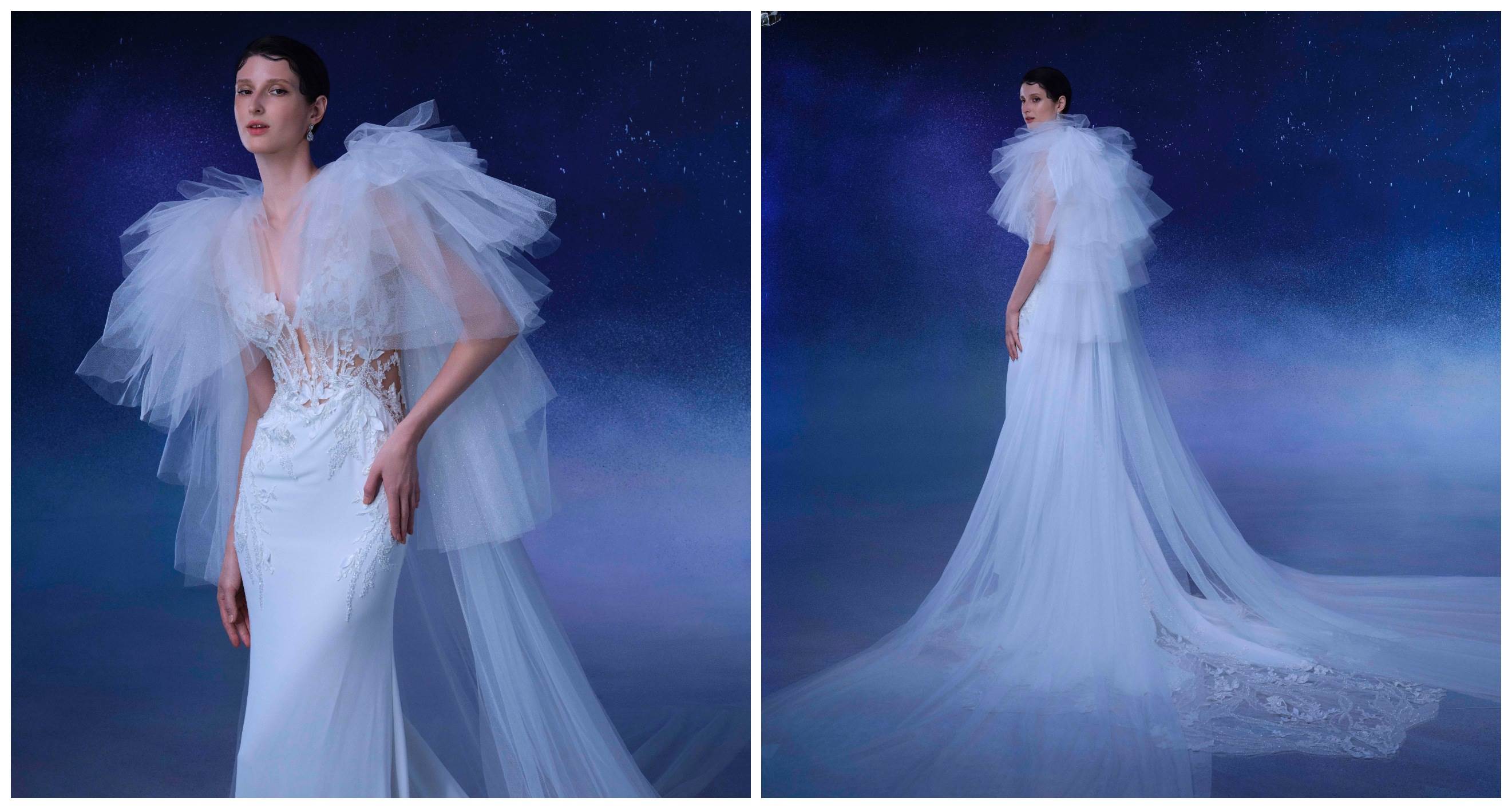 9圖說:「Lumina Plume |光羽流影」的三層軟紗活動式披肩與後拖配件,能創造多變風格。(LinLi Boutique提供)