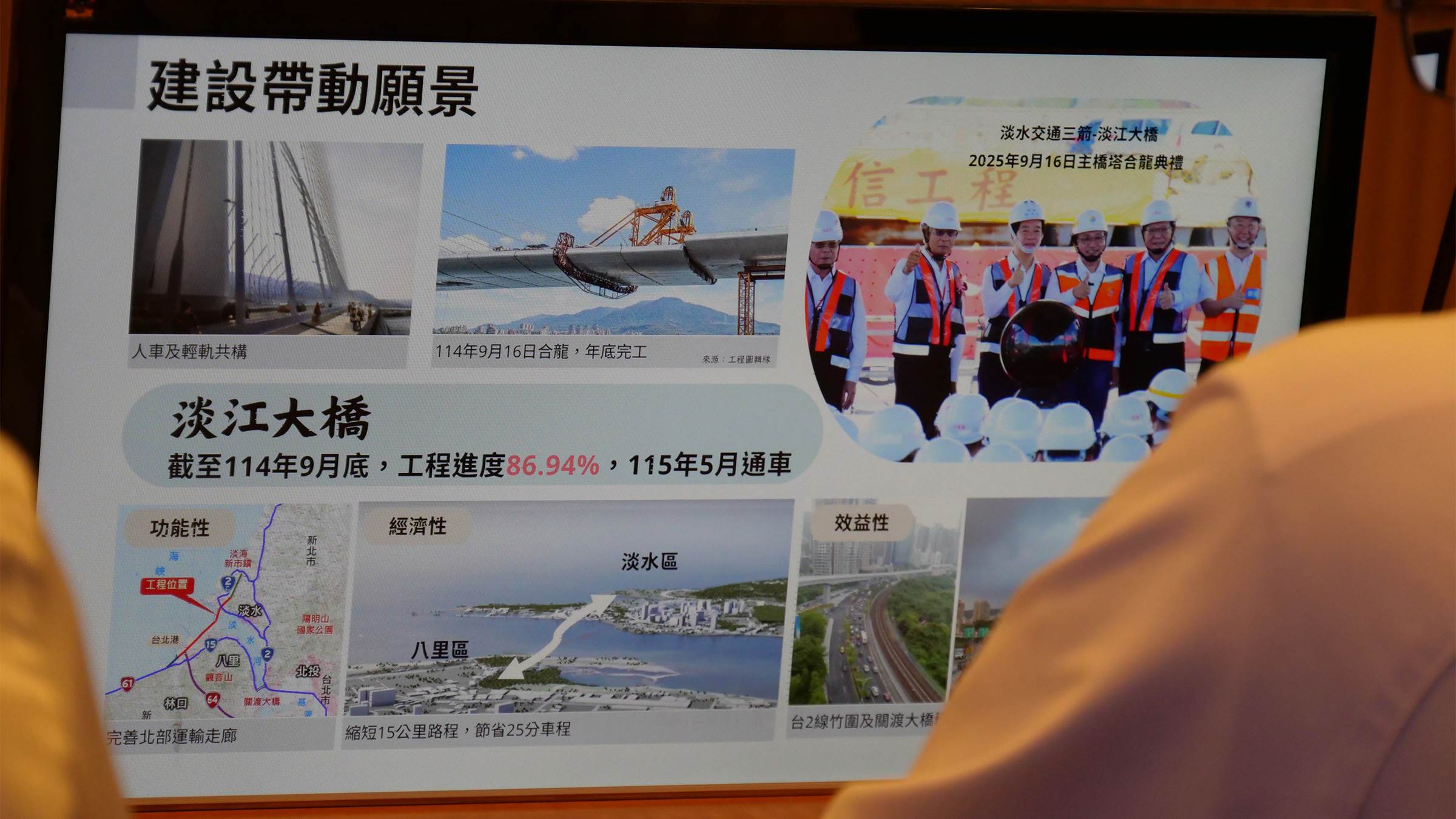 全長約920公尺的淡江大橋預計115年5月通車，將大幅縮短淡水與八里行車時間。（圖／新北市政府提供）